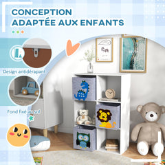 Meuble étagère bibliothèque 6 cases 3 cubes paniers en tissu motif animaux pour chambre enfant 62 x 30 x 91,5 cm blanc