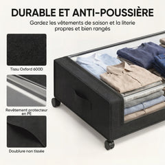 Boîte de Rangement sous Lit à Roulettes, Lot de 2, 40L, Fermeture Éclair, Cadre en Acier, Poignées, 78x44x16cm, Noir