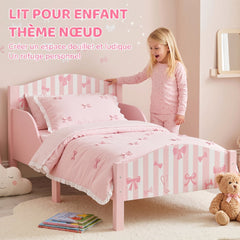Lit Enfant 70 x 140 cm, Lit pour Enfant avec Barrière de Sécurité et Sommier à Lattes en Bois, Motif Nœud, Rose