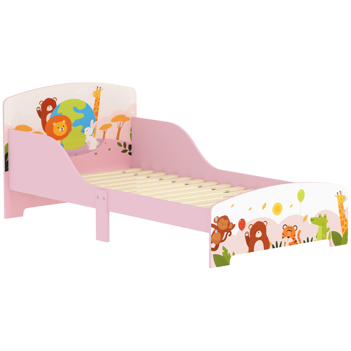 Lit Enfant 70x140 cm motif animal 140 x 70 cm avec sommier à lattes en bois design bas sécurisé rose