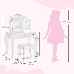 Coiffeuse Enfant avec Tabouret, Miroir triptyque et tiroir Coulissant - Coiffeuse dim. 63L x 40l x 85,5H cm
