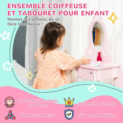 Coiffeuse Enfant Design Girly avec Motifs à Coeur - Tabouret Inclus - dim. 60L x 36l x 88H cm - tiroir, Miroir - MDF - Rose