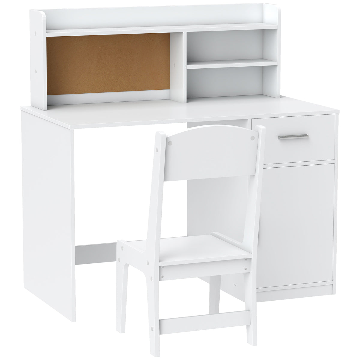 Bureau enfant avec chaise, table enfant et chaise, tiroir, placard, compartiments ouverts, tableau en liège, blanc