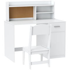Bureau enfant avec chaise, table enfant et chaise, tiroir, placard, compartiments ouverts, tableau en liège, blanc